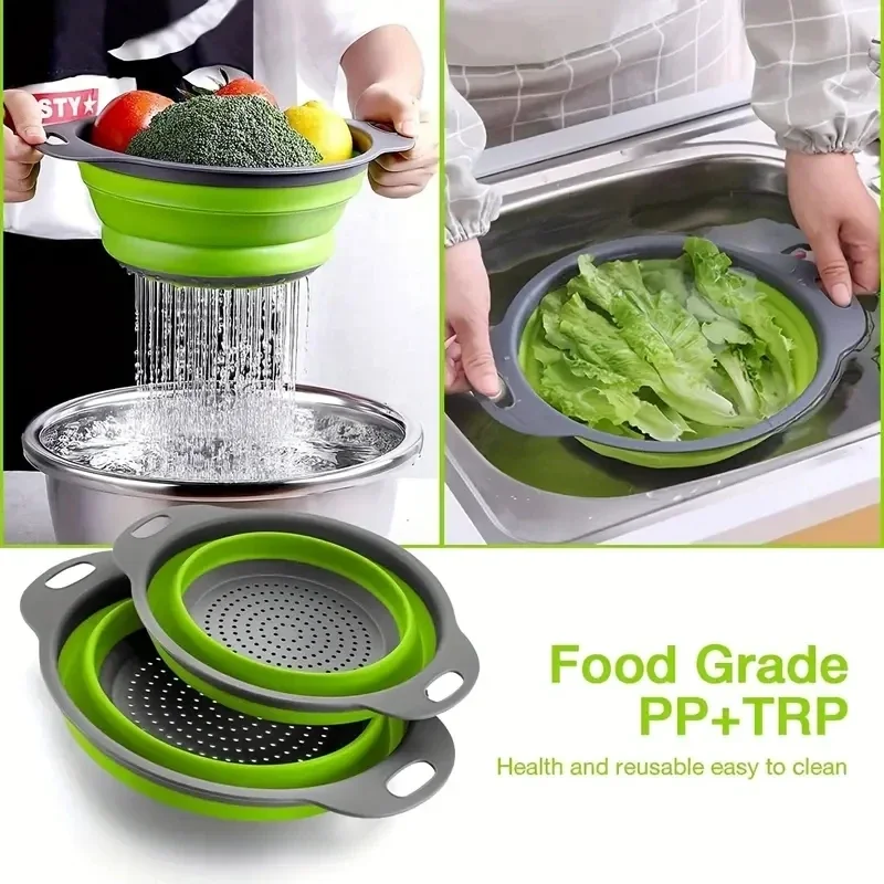 Space-Saving Silicone Colander with Handle Collapsible Silicone Fruit and Vegetable Washing Basket Essential Kitchen Gadget