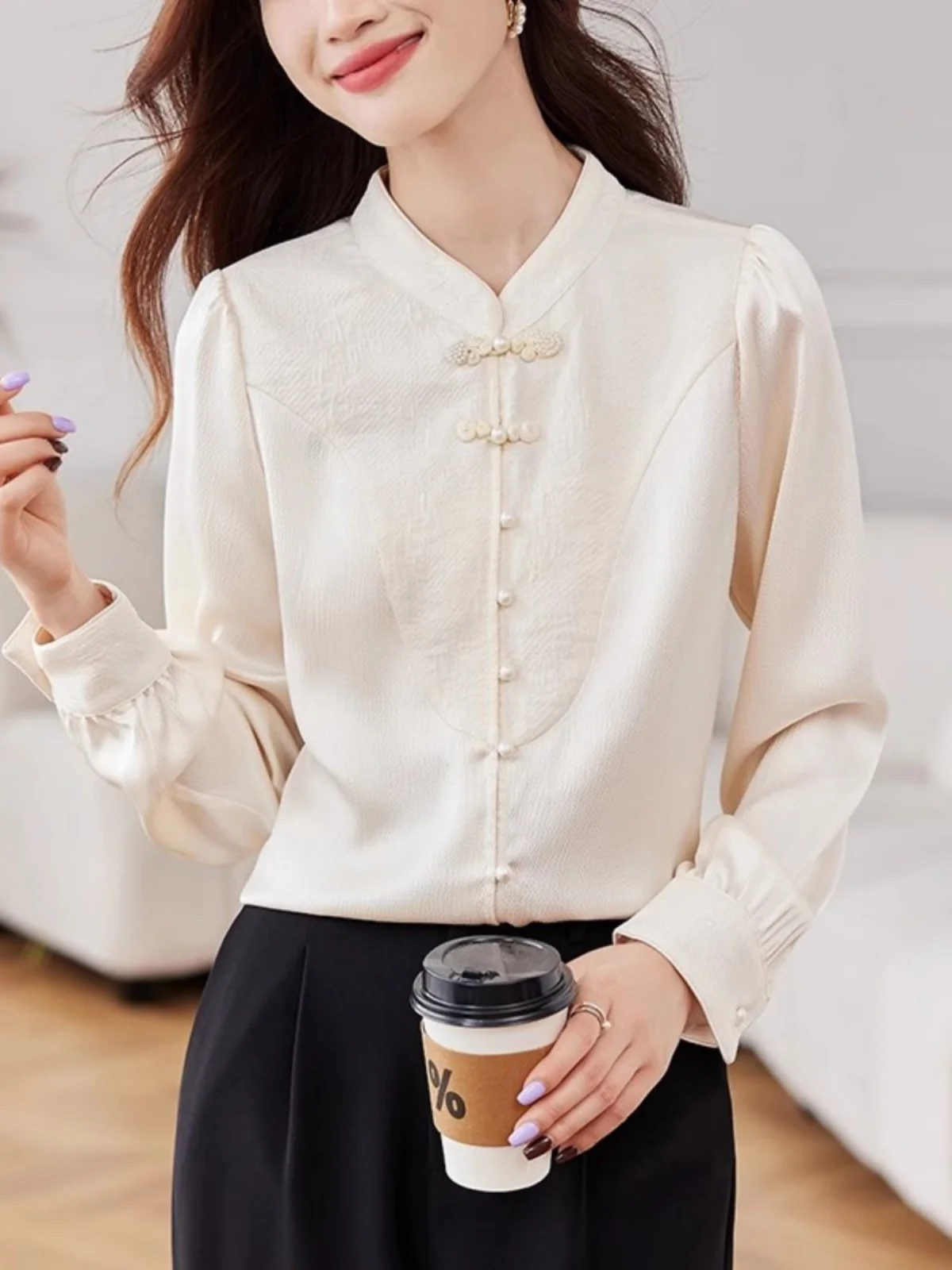 

Fashionable Chinese Style Women's Long Sleeve Stand Collar Shirt Spring 2026 New Autumn Winter Inner Wear Top Straight Tube
