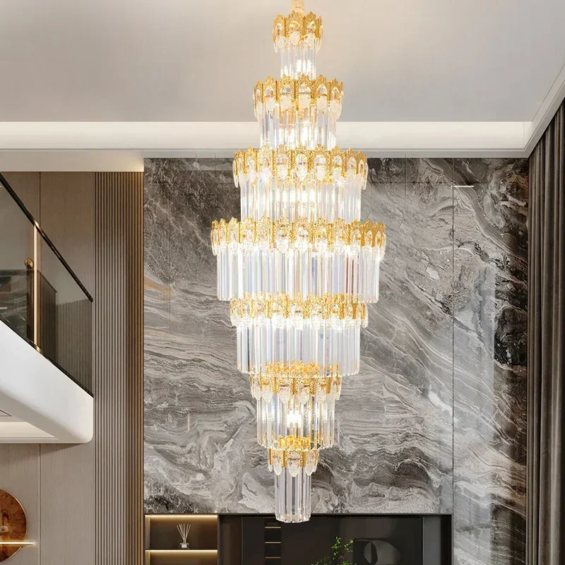 Duplex Chandelier Rotating Staircase Long Chandelier Light Luxury Modern Villa Hollow High Living Room Loft Crystal Lighting