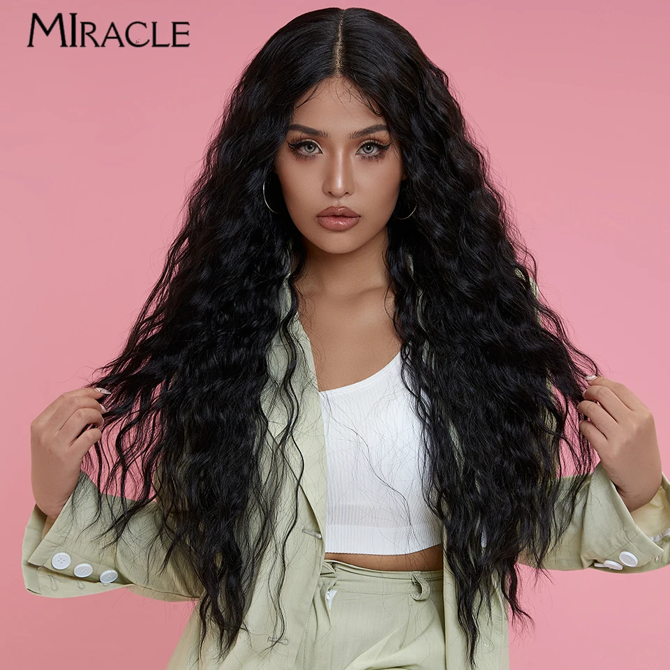 MIRACLE Synthetic 30Inch Lace Wig Wave For Woman Soft Fiber Lace Front Wig Heat Resistant Ombr Colorful Blonde  Brown