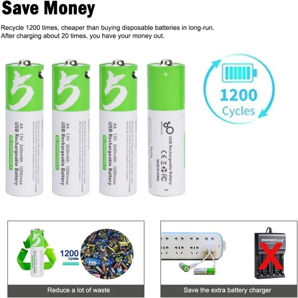 4 шт., литий-ионные аккумуляторы 1,5 в AA МВтч