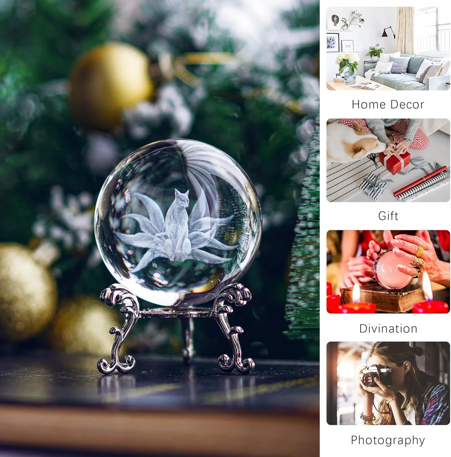 6cm 3D Nine Tailed Fox Crystal Ball Fox Model Decorative Glass Sphere with Metal Stand Paperweight Home Decoration Ornaments
