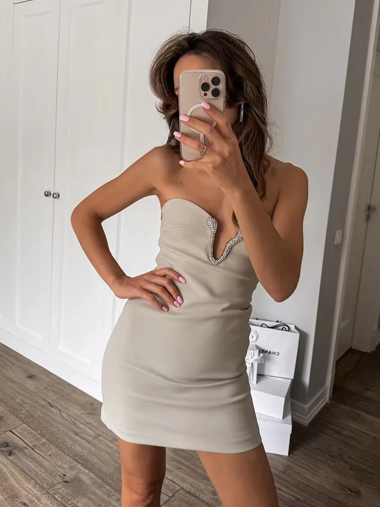 

HH Women's Fashion Off-shoulder Strapless Rhinestone Decorative Mini Dress Female Elegant Side Zipper Party Sleeveless Dress