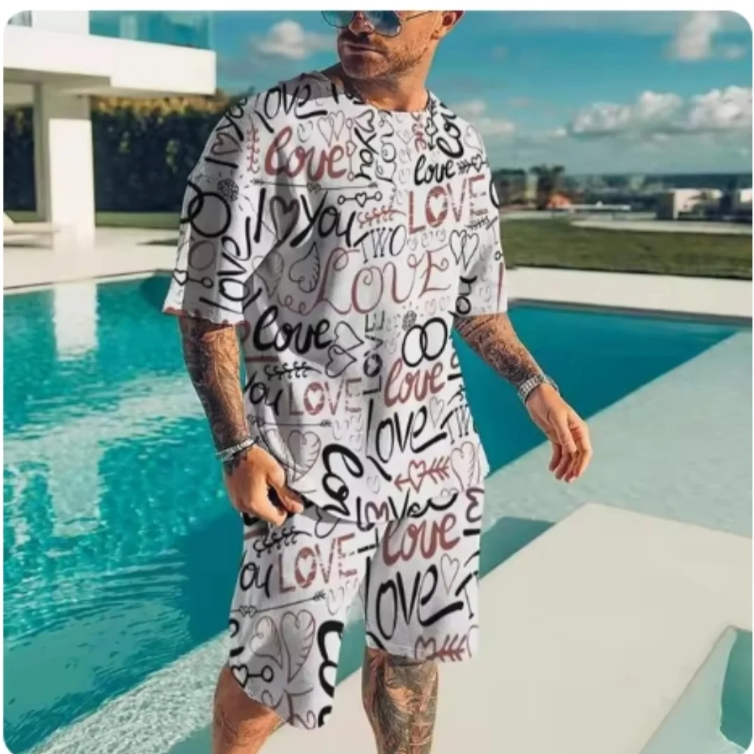 

Brand-new Men's 3D Printed Full-body T-shirt Set, Casual Shorts, Fashionable, Luxury Streetwear, Summer