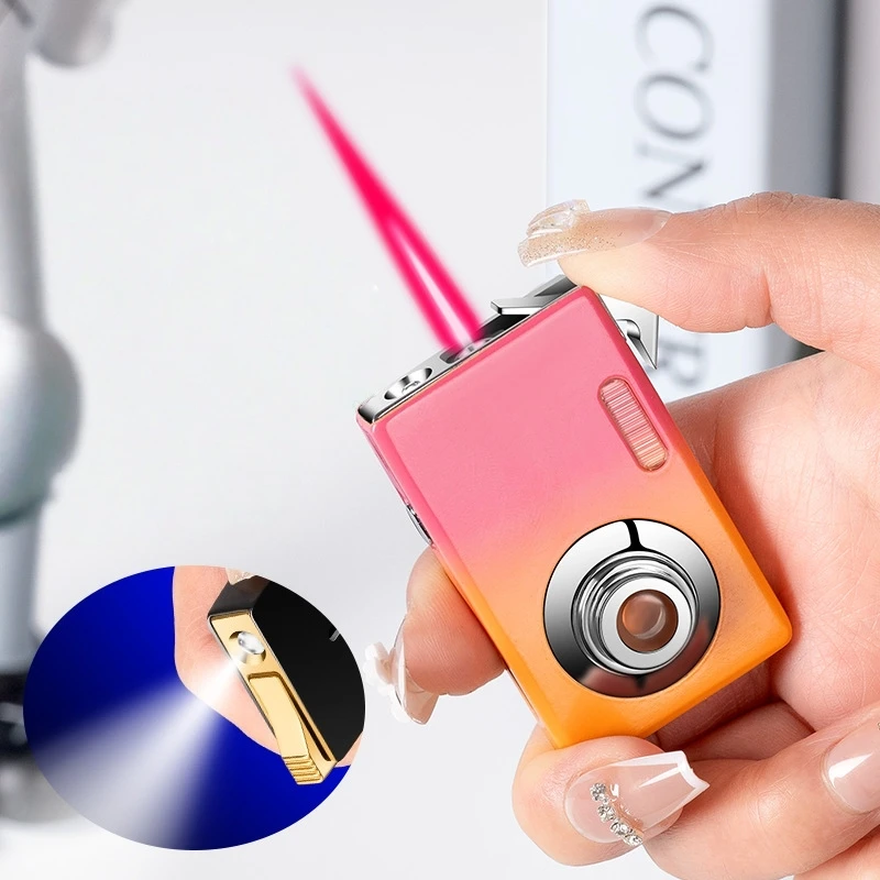 

Personalized Camera Design Gradient Color Inflatable Windproof Red Flame Lighter with Visible Window with Lighting Smoking Gift