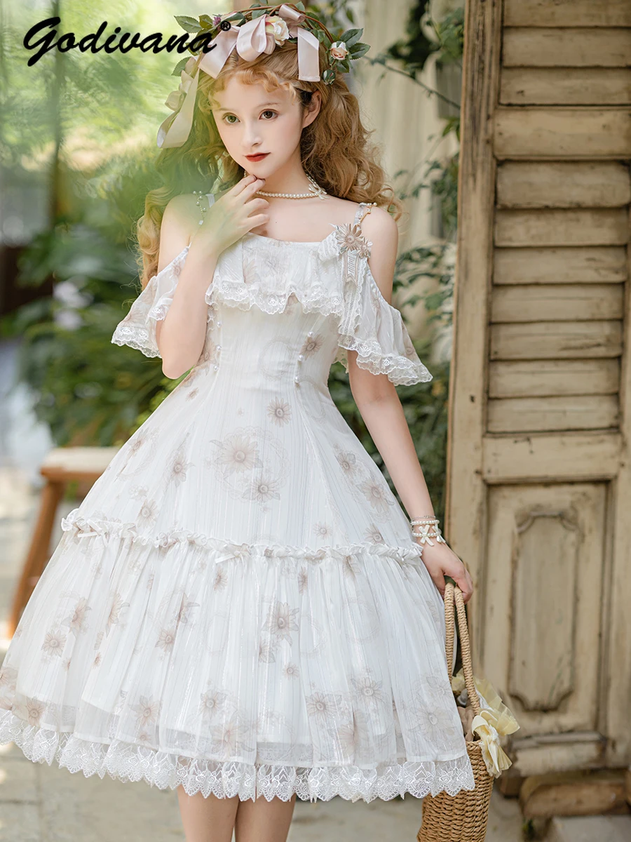 

Sunflower JSK Suspender Lolita Dress 2024 New Spring Summer Girl Women's Sweet Strapless Off Shoulder Slim Flower Dresses