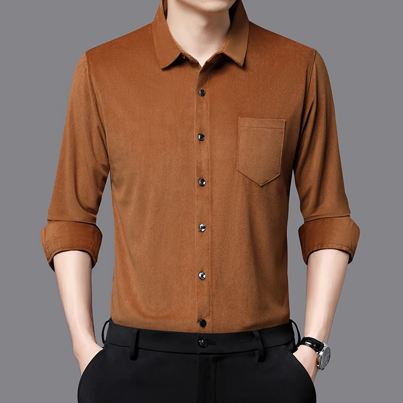 

2025 Новая весенне-осенняя мужская рубашка с длинным рукавом, повседневная свободная вельветовая рубашка среднего возраста и молодой мужская куртка из чистого хлопка