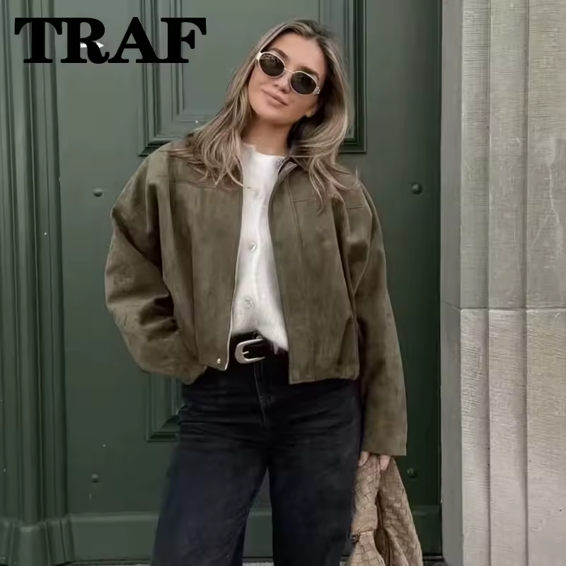 Traf feminino jaqueta de camurça verde 2025 nova moda primavera manga longa zíper oversize bombardeiro casaco chique feminino high street outerwear
