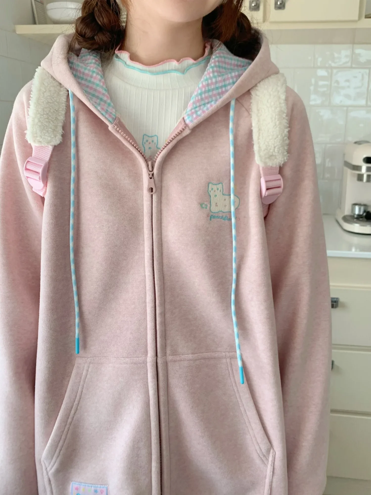 QWEconvex-Sweat à capuche zippé rose Kawaii pour femme, sweat à capuche basique, sweat à capuche doux et mignon, mode coréenne japonaise, Y2K, PVD