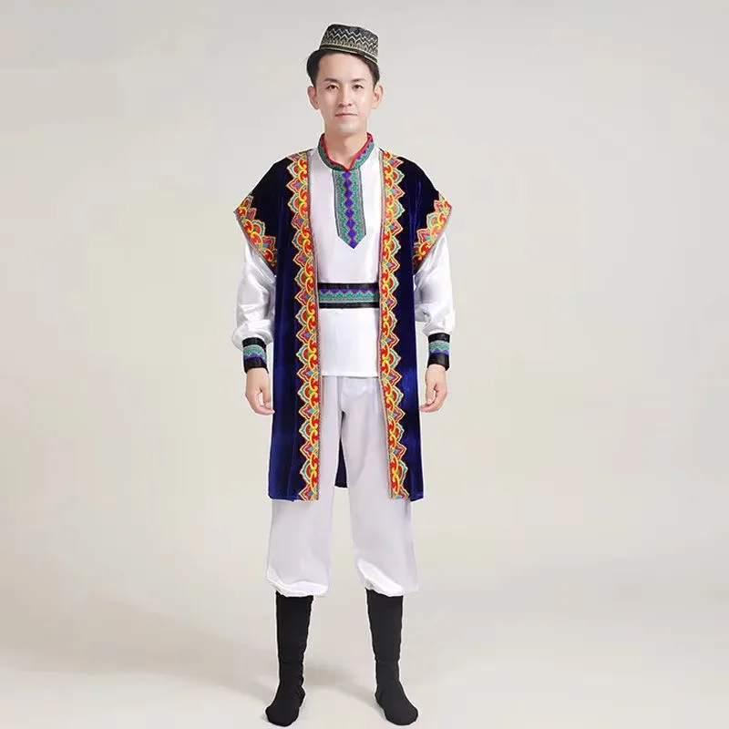 Strój narodowy kazaków dla mężczyzn, czerwono-niebieski, Xinjiang, vintage, ubrania do tańca ujgurskiego, długi rękaw, odzież etniczna dla mniejszości narodowych.