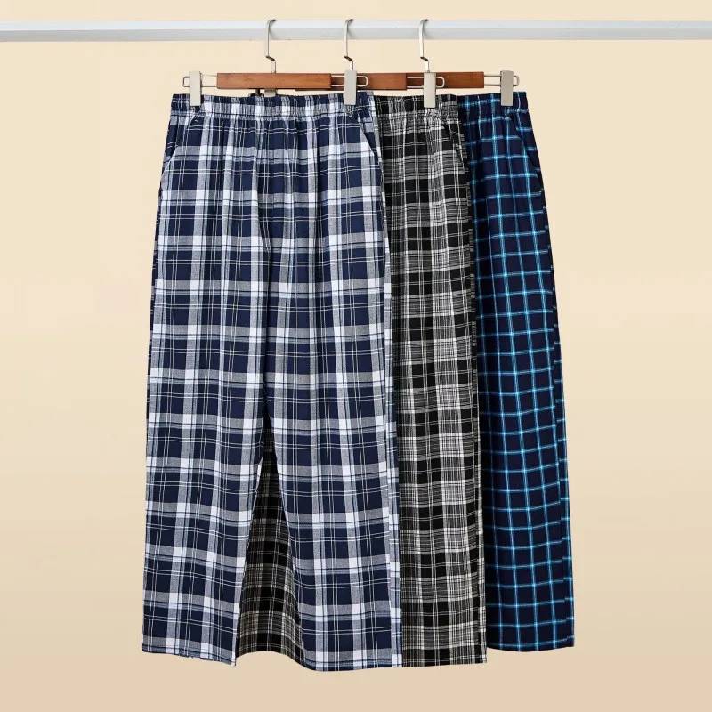 2026 Spring Summer High Quality Pants Men 100% Cotton Sleep Bottoms Male Plus Size Night Trousers Men Casual Plaid Home Pants
