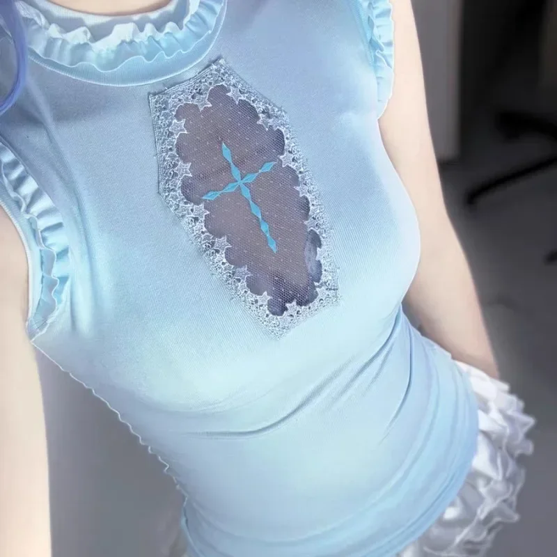 Estate Sexy Scavato Cutecore Rosa Blu Top Senza Maniche Casual T-shirt Donna Harajuku Y2K Vintage Punk Gotico Top in Cotone