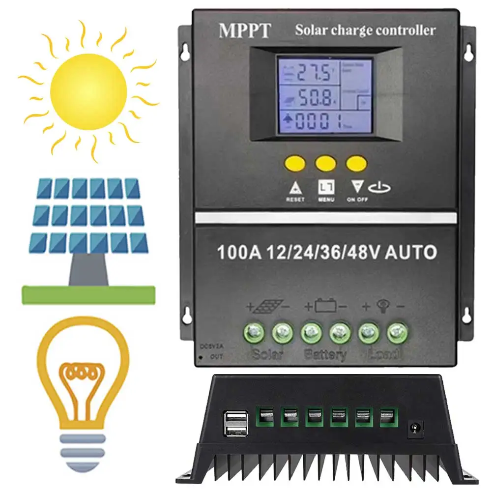 100A MPPT Solar Charge Controller Solar PV Regulator LCD Display Solar Panel Regulator Dual USB 12V 24V 36V 48V for Solar Panel