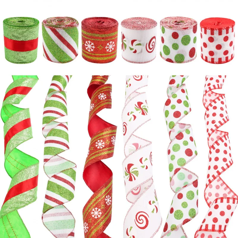 

6-Pack Christmas Ribbon, 6.3cm Polka Dot Swirl Fabric for DIY Xmas Tree Gift Wrapping Decor