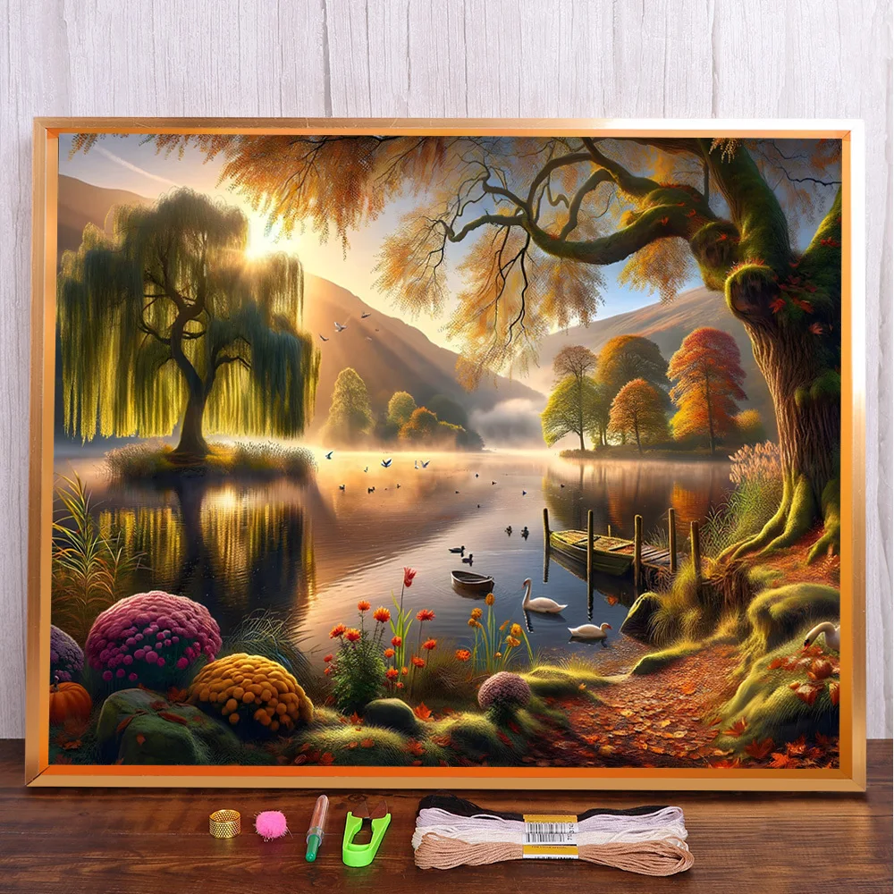 

Landscape Autumn Lake Pre-Printed Cross-Stitch Patterns Embroidery Sewing Knitting Painting Handicraft Needle Package Room Decor