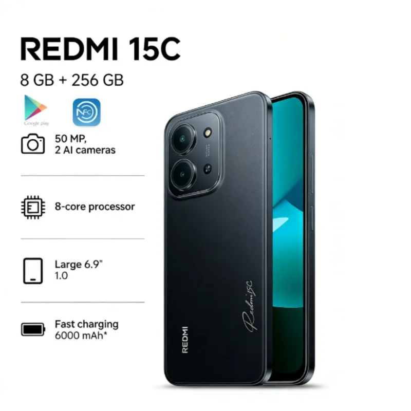 2026 new REDMI 15C Global Edition Redmi 15C 5G 8+256GB Smartphone: Ultra-slim 6000mAh smartphone with long battery life