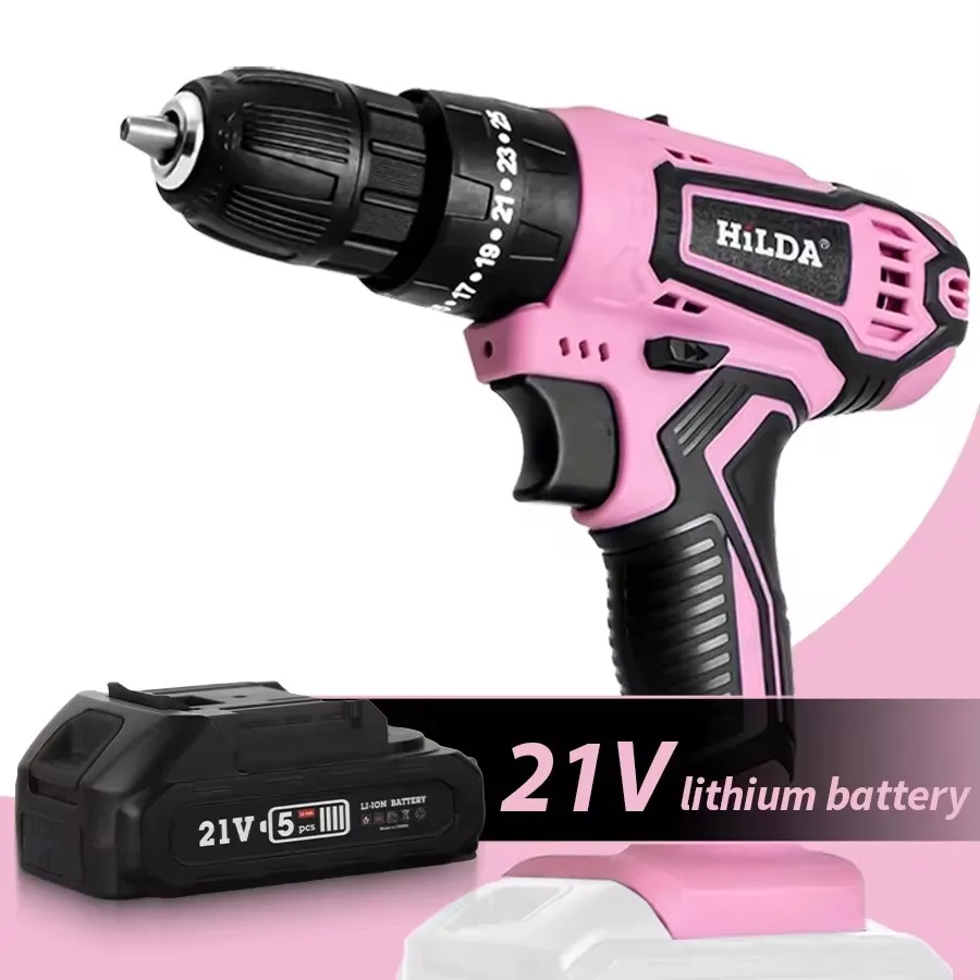 HILDA Electric Drill 21V Pink Power Tools Cordless Drill Mini Wireless Power Driver DC Lithium-Ion Battery With Bag