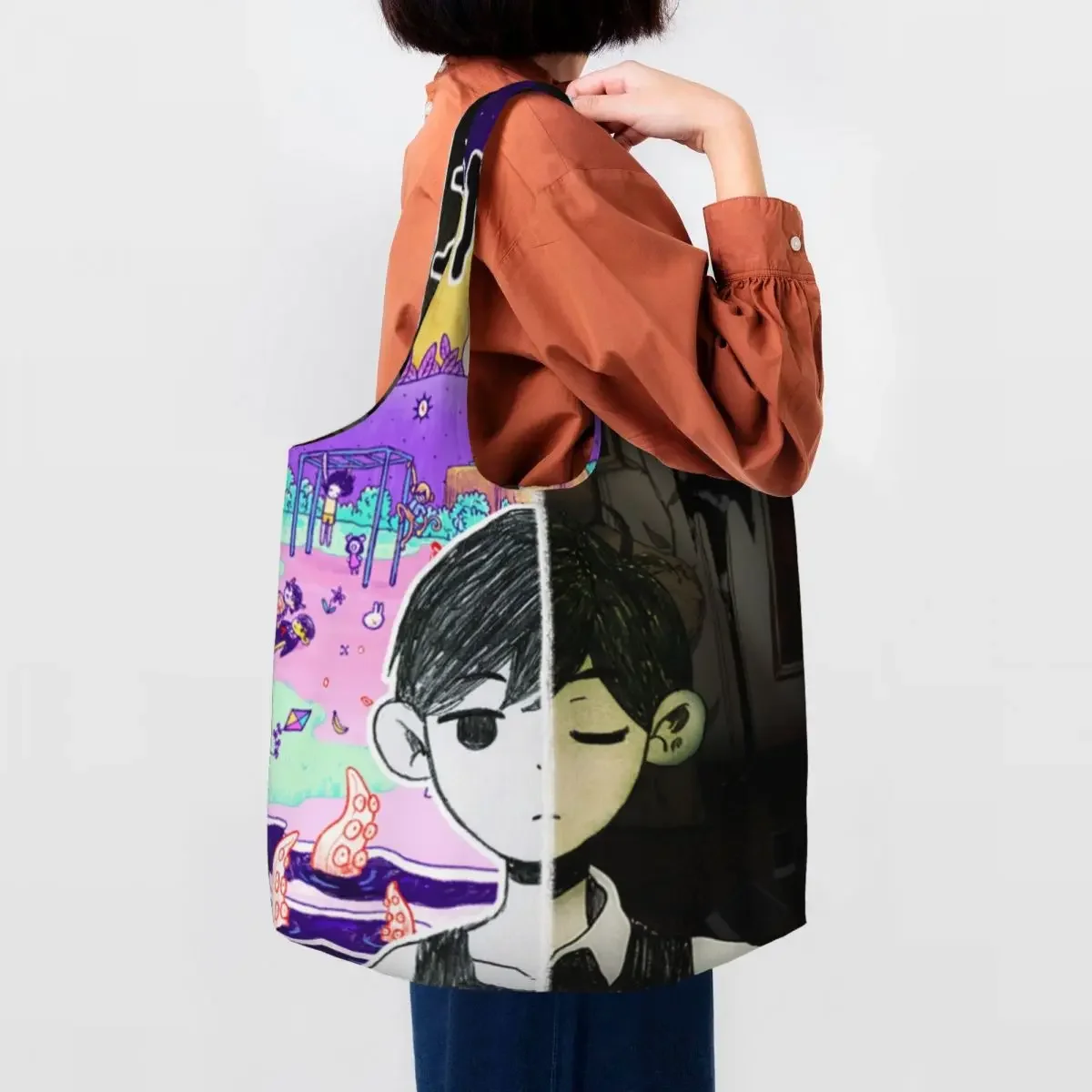 

Custom Fashion Omoris Suny Game Anime Shopping Tote Bag Recycling Horror Adventure Canvas Grocery Shoulder Shopper Bag