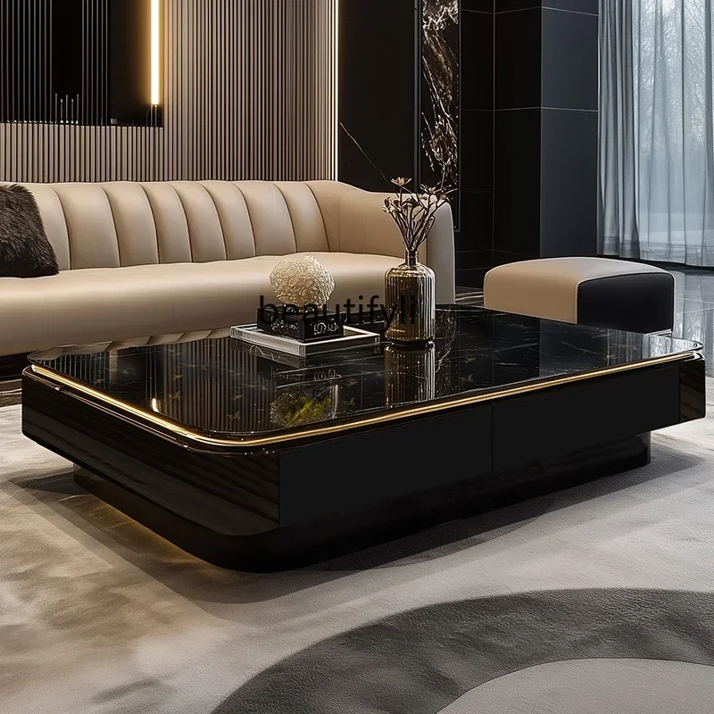 CC    Light luxury Italian black coffee table heightened living room glass long coffee table supercrystalline stone table