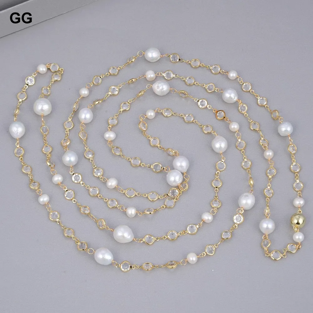 GG 69'' Natural White Keshi Pearl Clear Crystal CZ Chain Long Necklace Trendy Gold Color Chain For Women  Jewelry