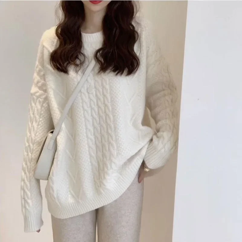 

Women Simple Loose Casual Fisherman Sweater New O-Neck Lantern Sleeve Knit Cable Jumper New Chic Autumn Winter Knitted Cardigans