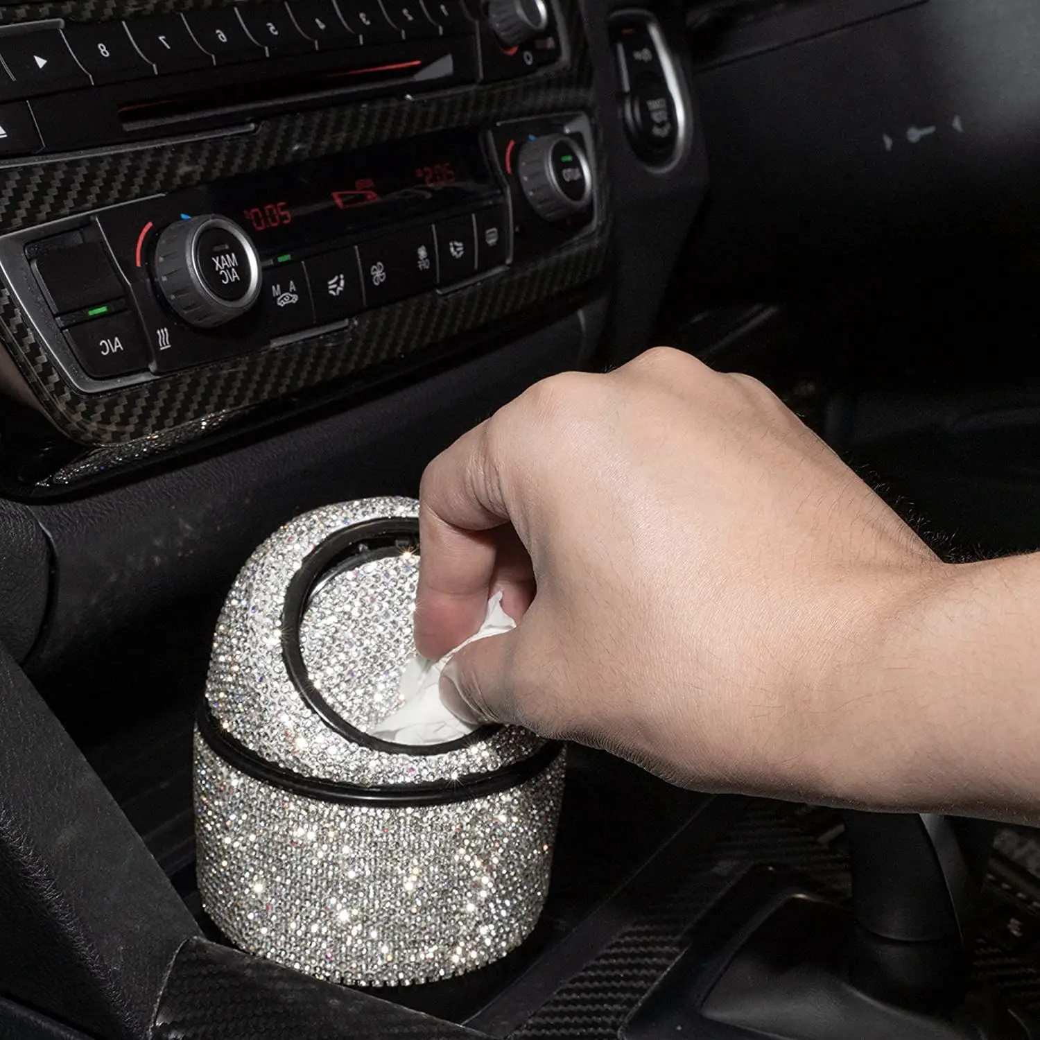 Universal Car Crystal Diamond Trash Can Mini Car Trash Can with Lid Multifunctional Car Trash Can for Car Office Home