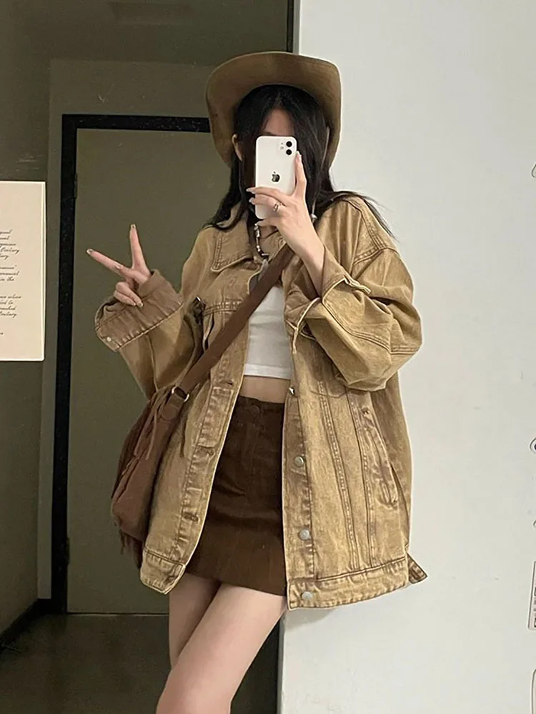 2023 mantel musim semi wanita dicuci mantel Denim tua Vintage Streetwear Hip Hop Boyfriend longgar kasual koboi Amerika jaket pakaian luar