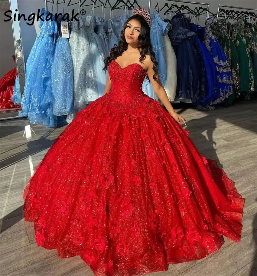 

Sweet 16 Red Princess Quinceanera Dress Sweetheart Applique Floral Crystal Bead Ball Gown Vestidos De 15 Anos Customized