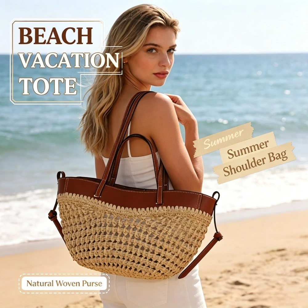 Women'S Raffia Bags - Summer Hollow‑out Raffia PU Leather Tote