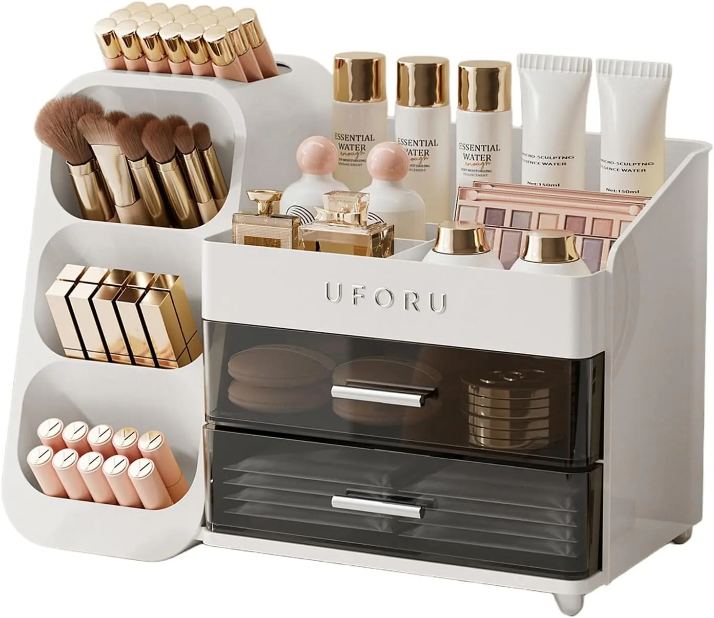 Vanity Makeup Organizer with Brush Holder & 2 Drawers, Spacious Cosmetic Display Case for Skincare and Beauty Essentials
