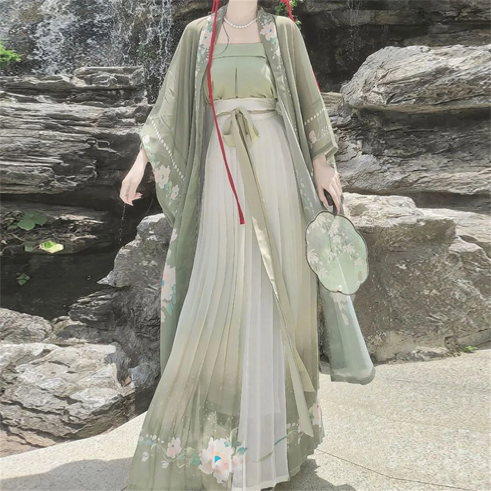 Traditional Chinese Hanfu Dress Outfit Female Song Dynasty Print Vintage Fairy Waist-length Pleated Skirt 3PCS Set Dance Costume