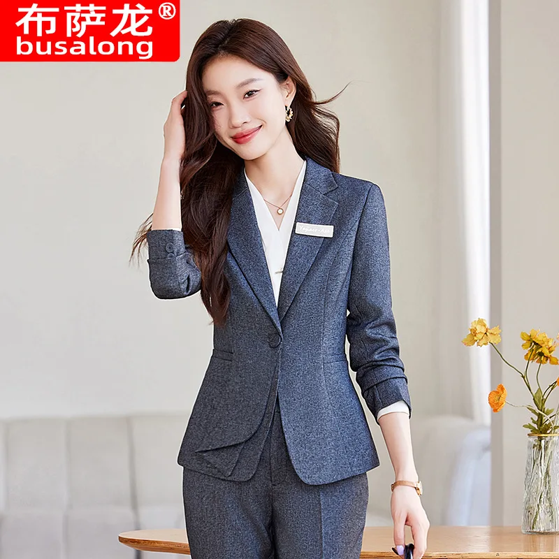 Szary komplet garniturów dla kobiet Profesjonalny sklep jubilerski Recepcja obsługi klienta Uniform roboczy Formalna elegancka marynarka