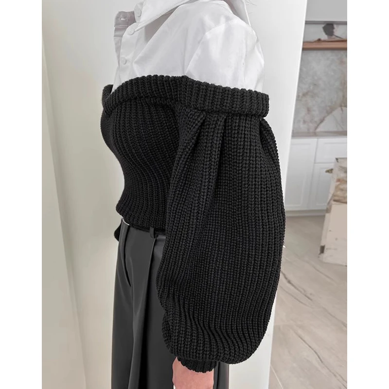 Tannt Maglioni da donna Manica a lanterna irregolare Pullover nero allentato Lavoro a maglia Asimmetrico Moda Allentato Casual Top lunghi in maglia