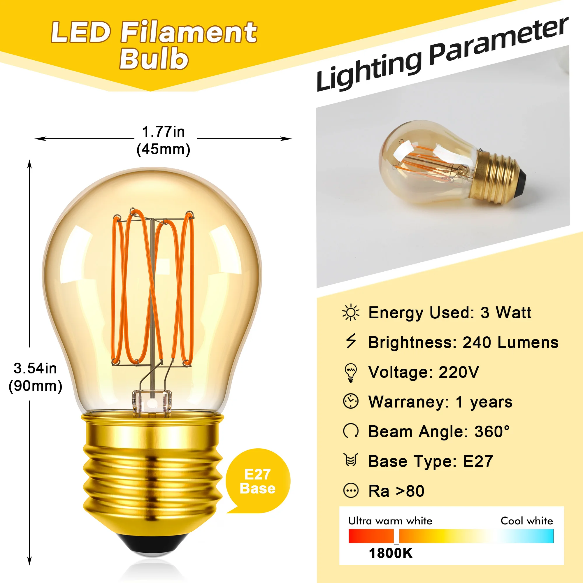 Vintage G45 3W LED Spiral Filament Light Bulb E27 Base Amber Glass 220V 1800K Edison Globe Ball Light Flexible Lamp For Pendant