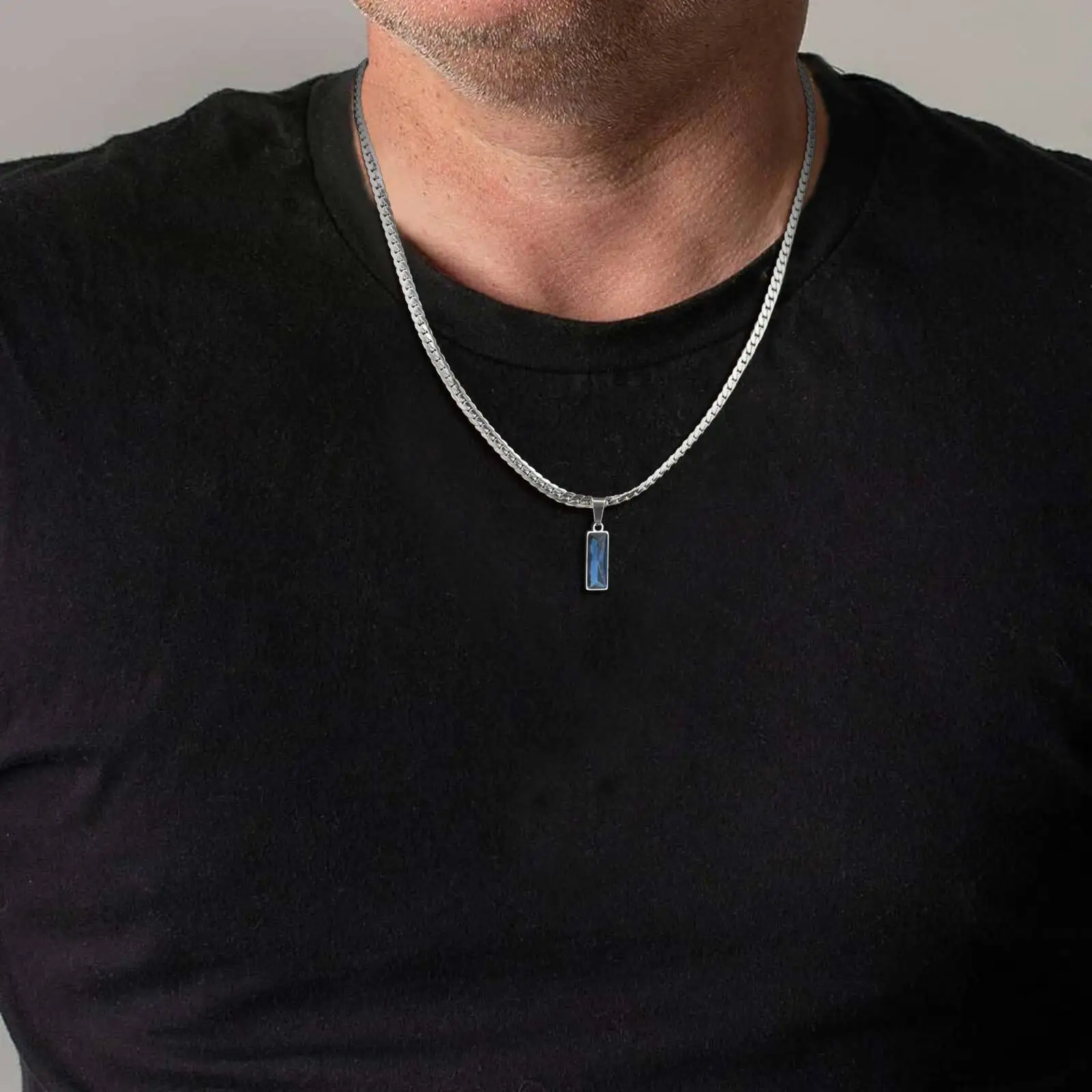 Sea Blue Geometric Pendant Necklace for Men Boys,Stainless Steel Blade Flat Cuban Chain Collars,Hip Hop Cool Jewelry Gift