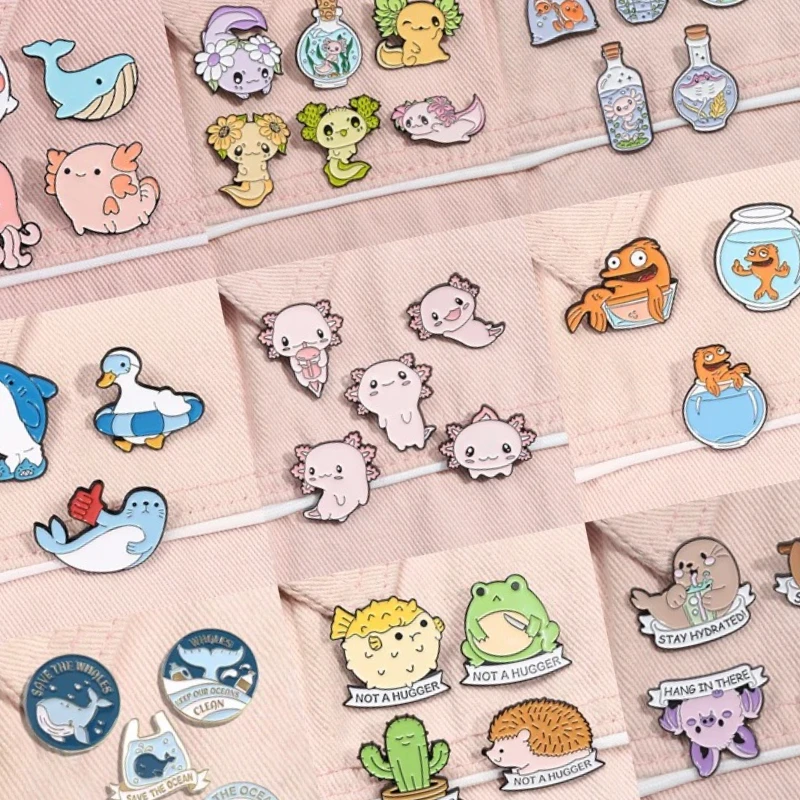 3-10pcs Cute Marine Creatures Enamel Pins Set Axolotl Sharks Cartoon Animal Brooch Lapel Badge Jewelry Gifts for Kids