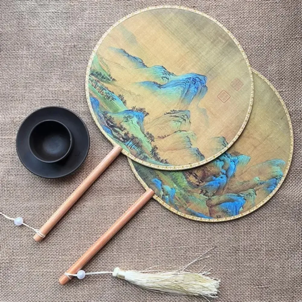 Non-Folding Silk Cloth Wooden Handle Hand Fan Tassel Translucent Round Fan Chinese Style Retro Pattern Silk Fan Ladies Women