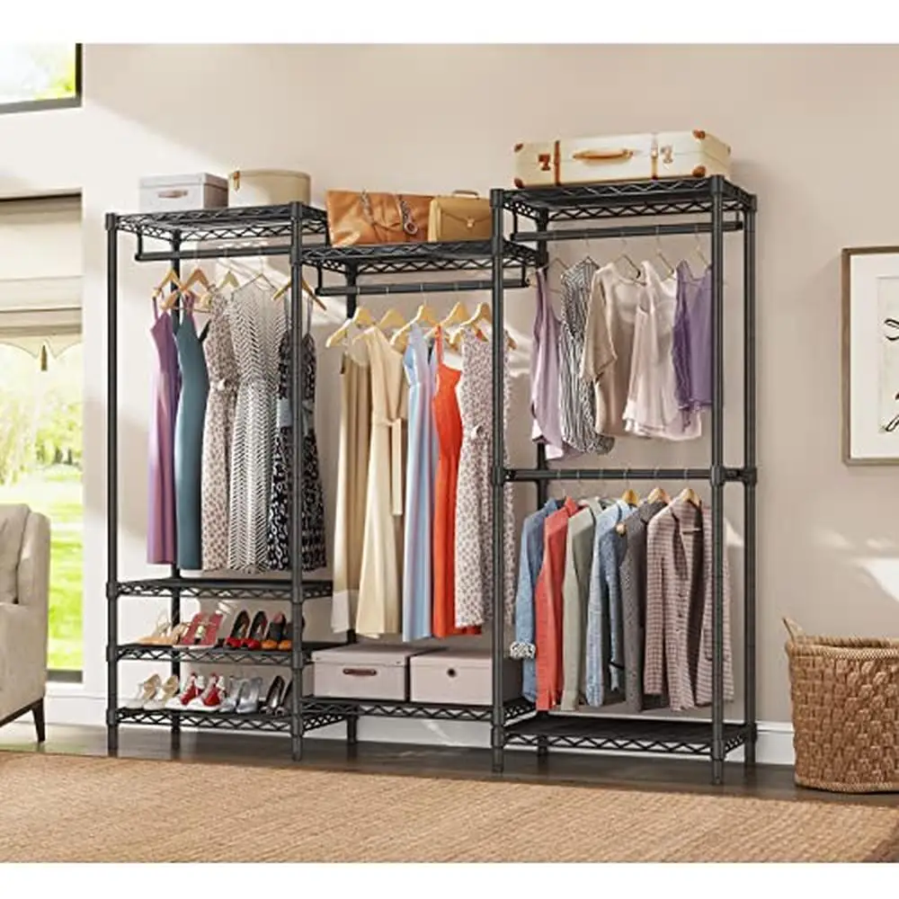 Heavy Duty Adjustable Freestanding Wardrobe Closet with 4 Hang Rods & 8 Shelves Maximize Storage Space Clothes Accessories Shoes