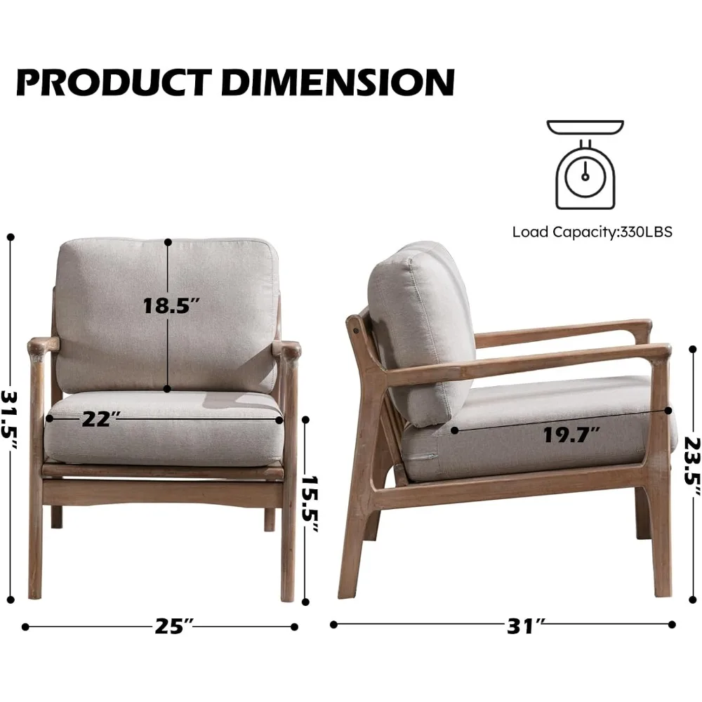 Mid Century Modern Accent Chair, Linen Upholstered Armchair Comfy Lounge Chair with Solid Wood Frame for Living Room (1, Beige)