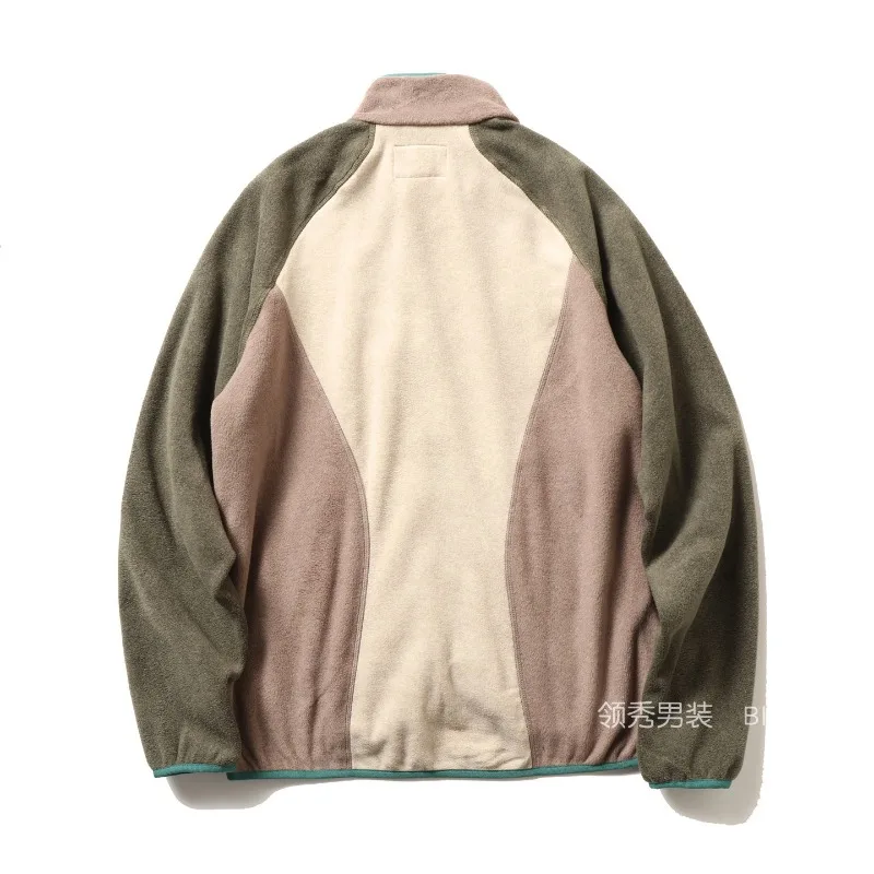 Men's Japanese Style Color Block Fleece Jacket - Vintage Asymmetrical Zip-Up Stand Collar Coat for Autumn Outdoor Layering