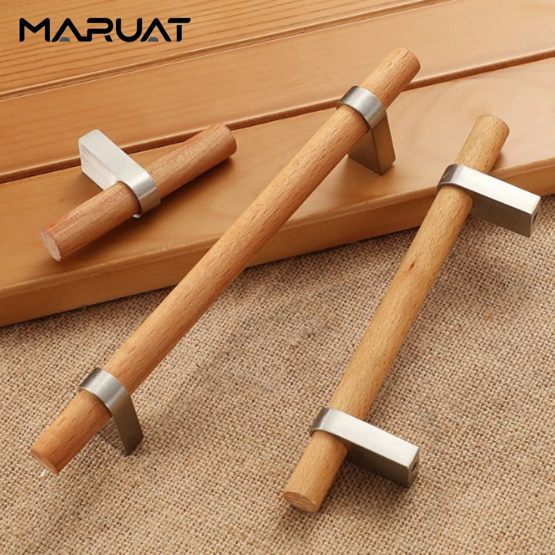 Nordic Wooden Cabinet Door Handles T Bar Handles for Cabinets and Drawers Silver Kitchen Cabinet Handles Black Furniture Handles