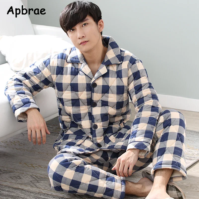 Deep Blue Pajama Sets Winter Thick Sleep Tops Nightwear Plus Size L-3XL Loungewear Three Layer Cotton Sleepwear for Men