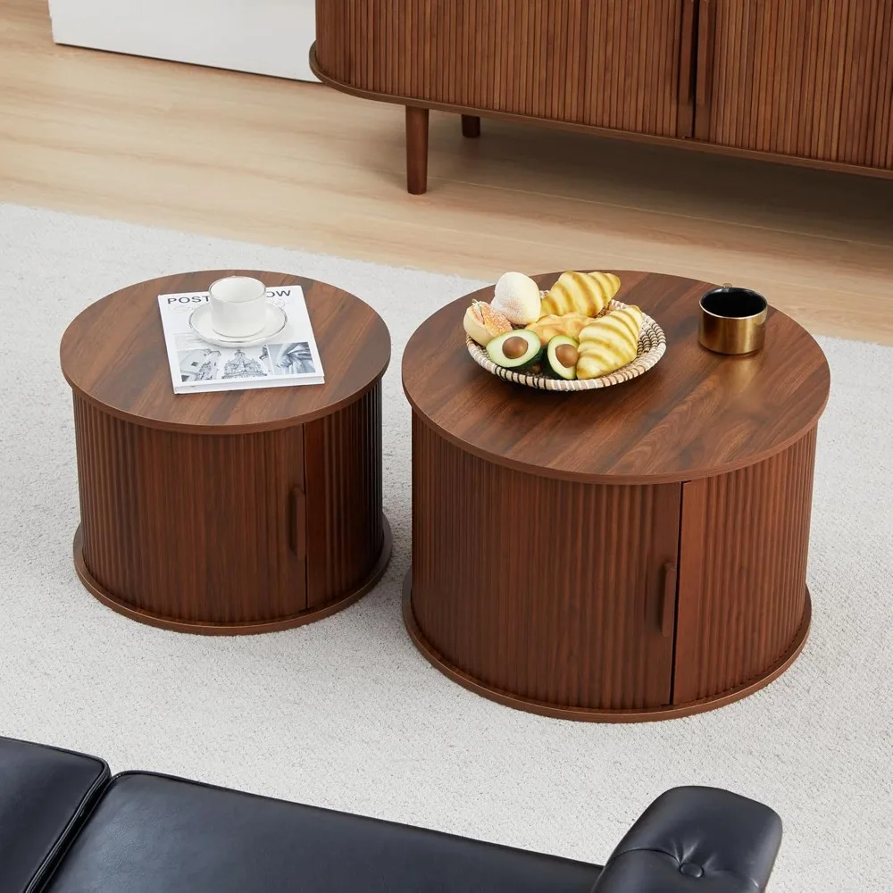 Contemporary 2-Piece Coffee Table Set with Storage and Sliding Door, Fluted Design for Living Room