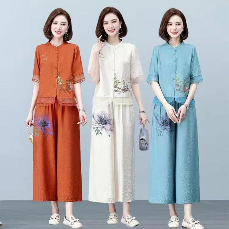 New Elegant short sleeves Top suit Women\'s Clothing Fashion Wide Leg Pants Summer Middle-aged Ethnic Cotton Linen Two-piece Set