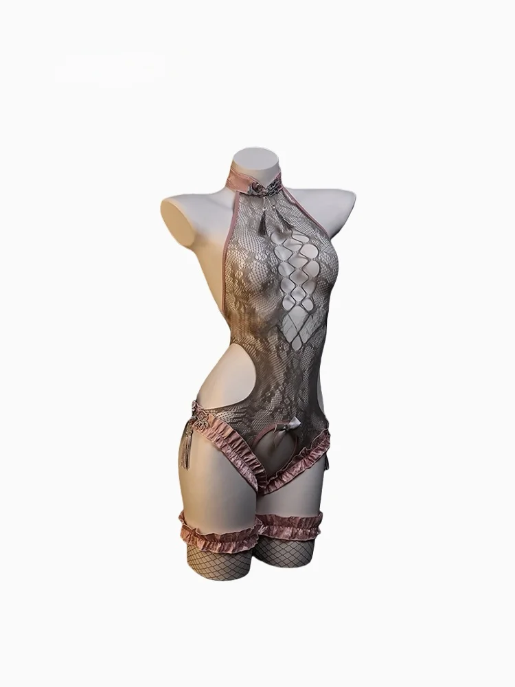 

Сексуальный китайский комбинезон с вырезами в сетку, прозрачный комбинезон, нижнее белье, оригинальный дизайн, Spwear Pure Desire, брюки с высокой талией