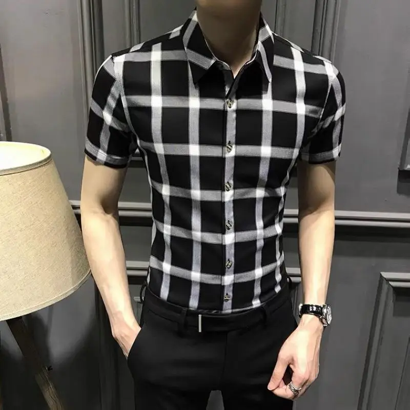 Summer Fashion Trend Casual Business Versatile Lapel Plaid Print Slim Fit Short Sleeved Men\'s Oversized Single Breasted Shirt