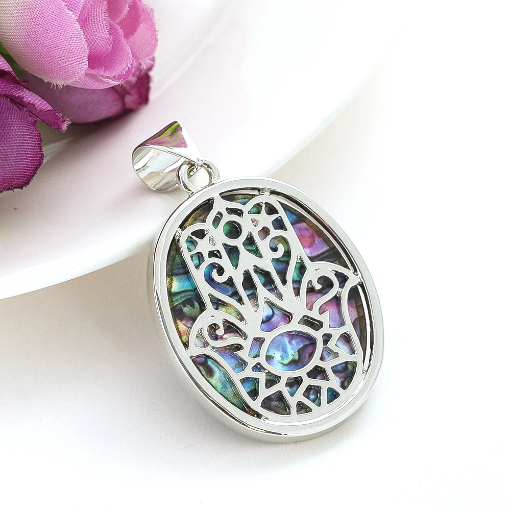 1PC Colourful Abalone Fatima Hand Small Pendant Simple Hollow Popular Silver Pendant DIY Men and Women Necklace Gift