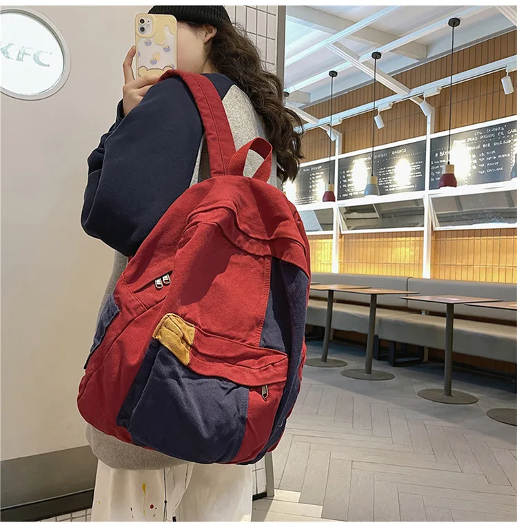 Contrast Color Block Canvas Backpack Large Capacity Casual School Travel Rucksack for Student Daily Use