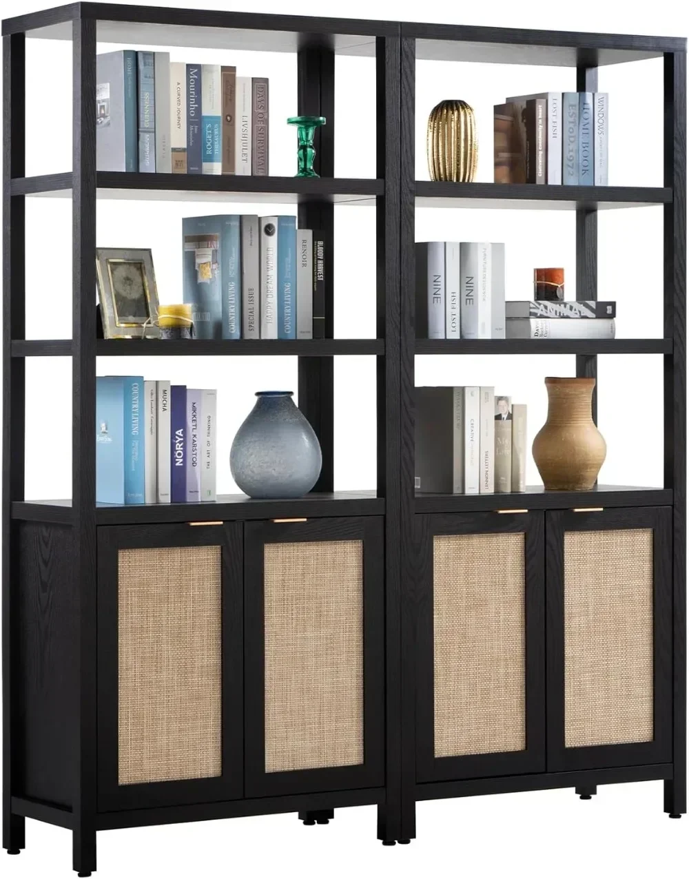 Bookshelf 5 Tier Book Shelf Rattan Boho Tall Bookcase with Doors Storage Wood Shelves Large Bookshelves Farmhouse