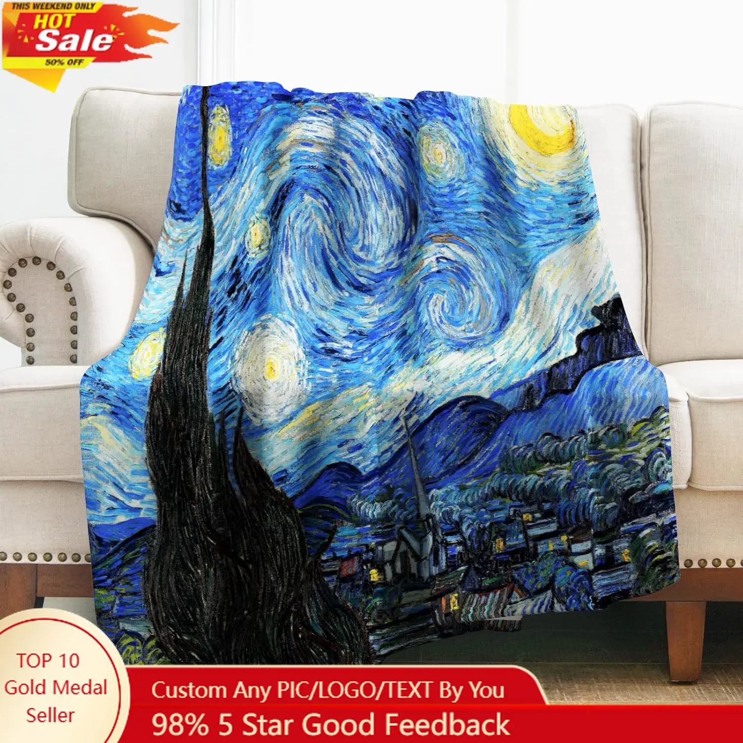 

Levens Van Gogh The Starry Night Throw Blanket Abstract Theme Decor for Couch Bed Sofa Travelling Camping Birthday Christmas S